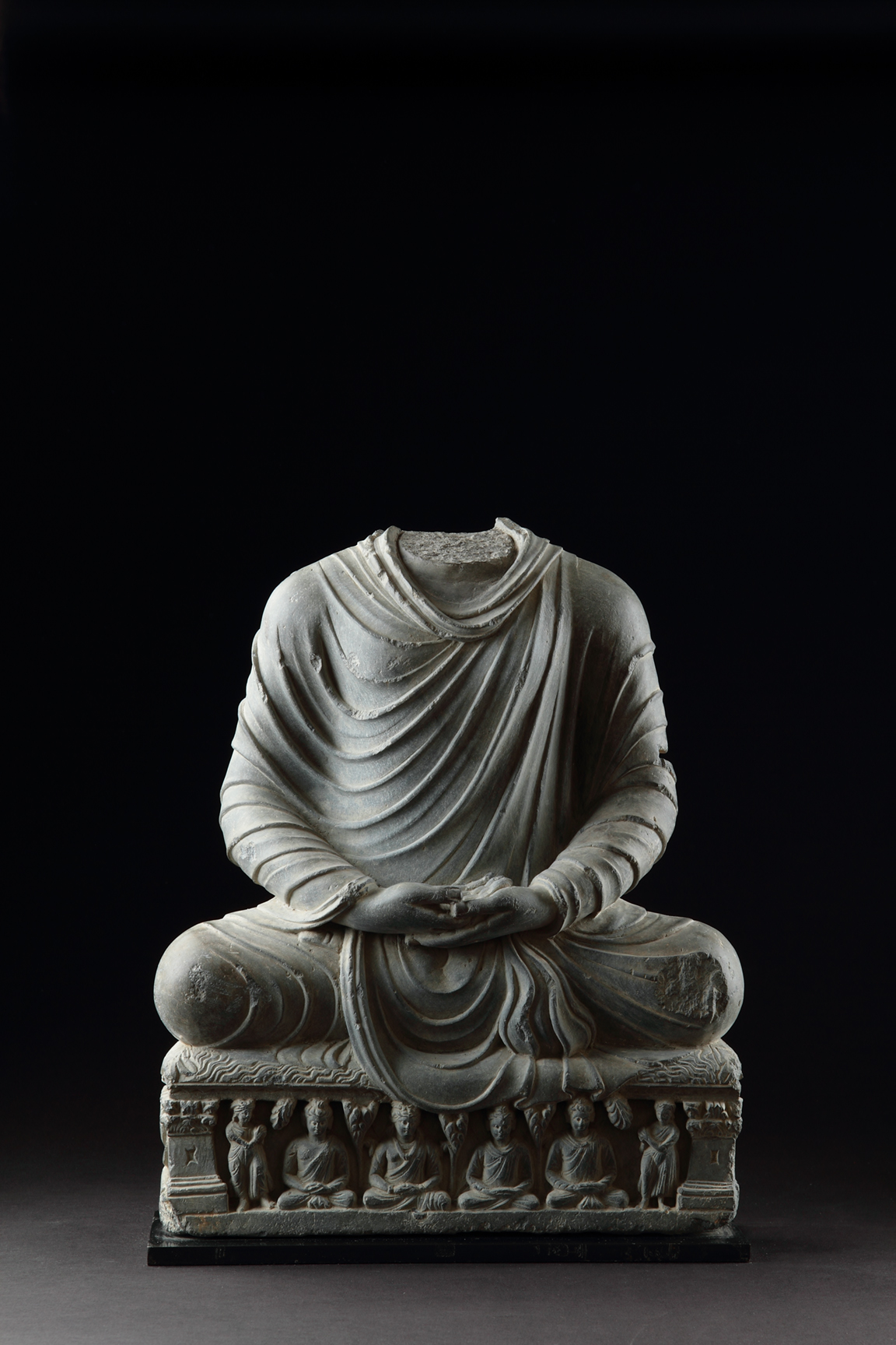 Northwest India {now Pakistan} Gandhara Carved Grey Schist Figure of the Buddha Seated in Meditation